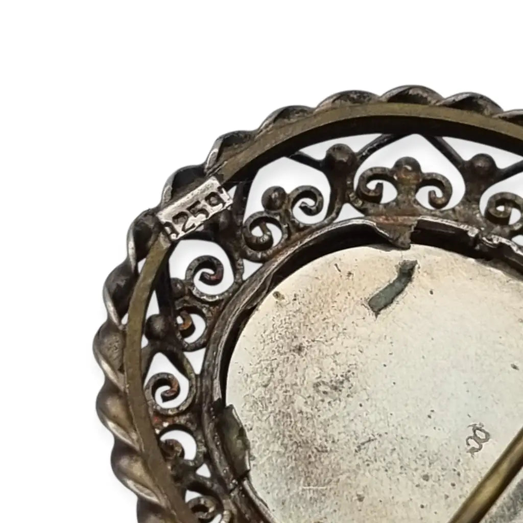 Broche colgante de miniatura antigua plata con retrato mujer pintado años