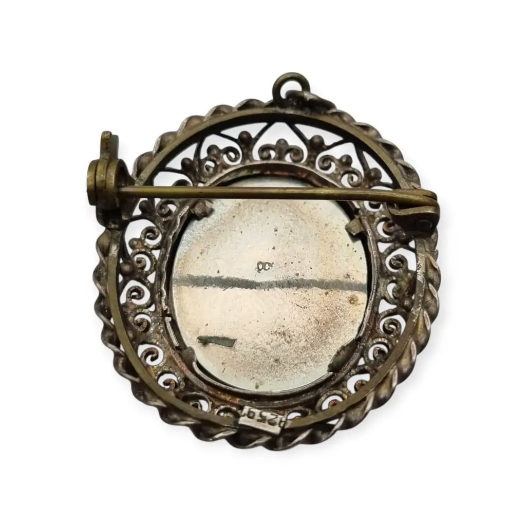 Broche colgante de miniatura antigua plata con retrato mujer pintado años