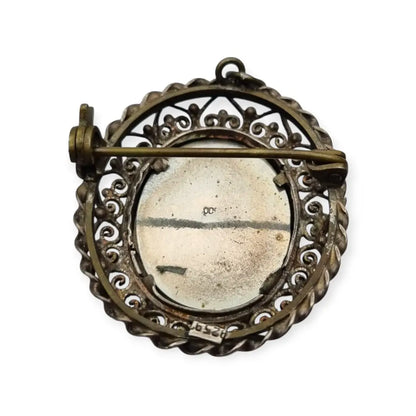 Broche colgante de miniatura antigua plata con retrato mujer pintado años