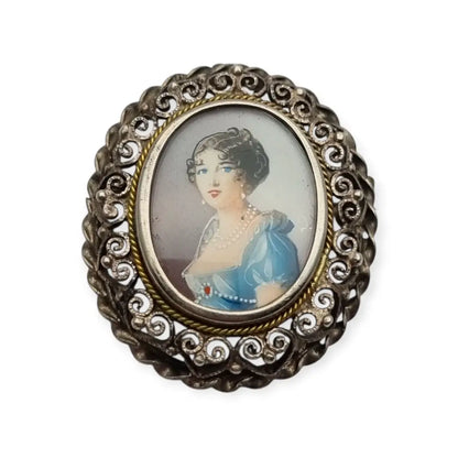 Broche colgante de miniatura antigua plata con retrato mujer pintado años