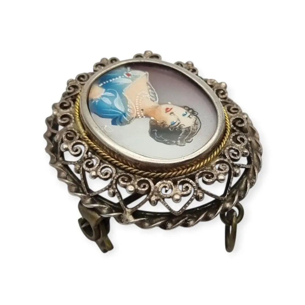 Broche colgante de miniatura antigua plata con retrato mujer pintado años