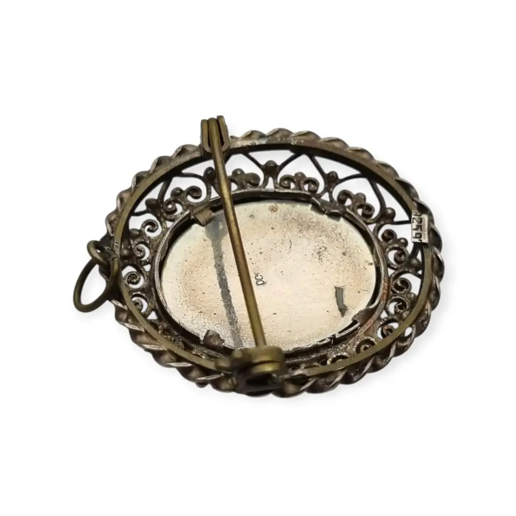 Broche colgante de miniatura antigua plata con retrato mujer pintado años