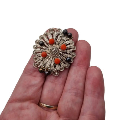 Broche de filigrana broche coral plateado joyería perlas negras para mujer