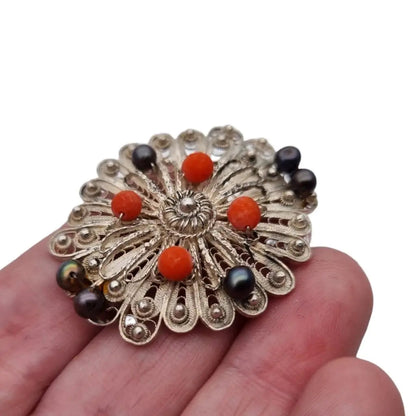 Broche de filigrana broche coral plateado joyería perlas negras para mujer