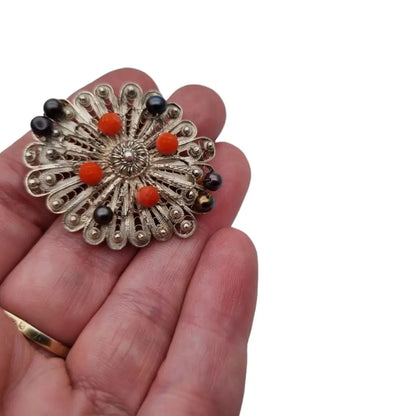 Broche de filigrana broche coral plateado joyería perlas negras para mujer