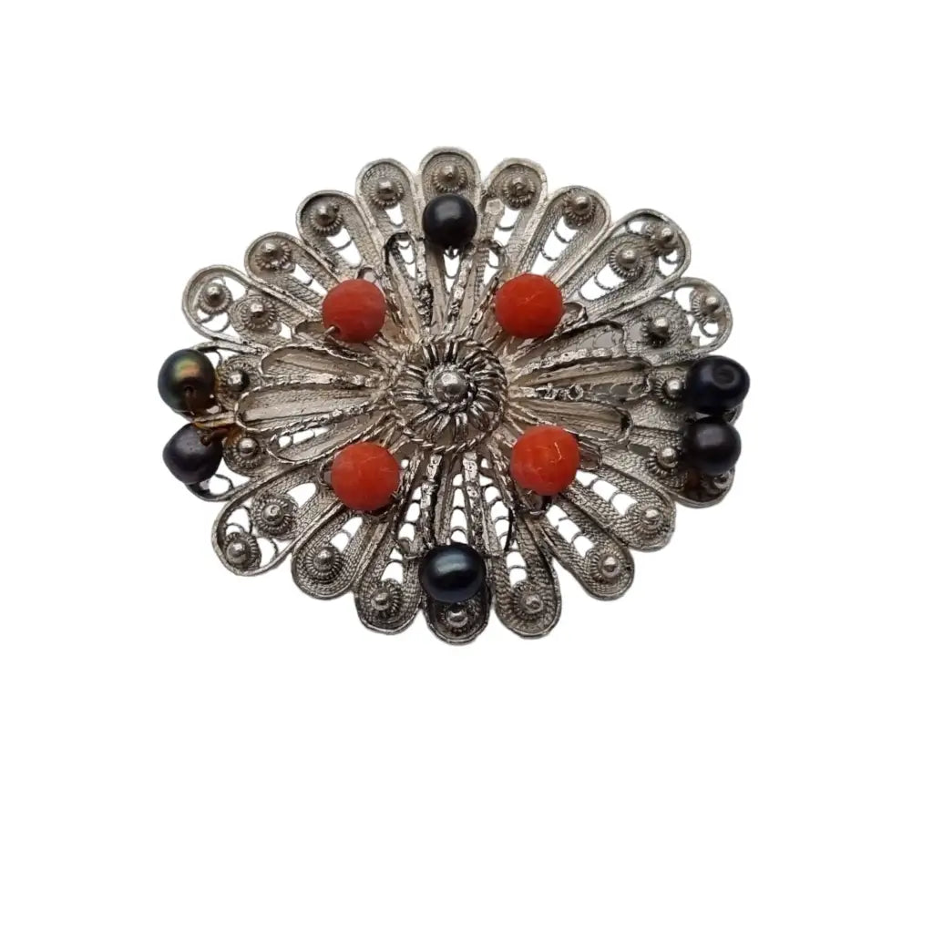 Broche de filigrana broche coral plateado joyería perlas negras para mujer