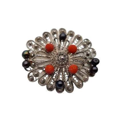 Broche de filigrana broche coral plateado joyería perlas negras para mujer