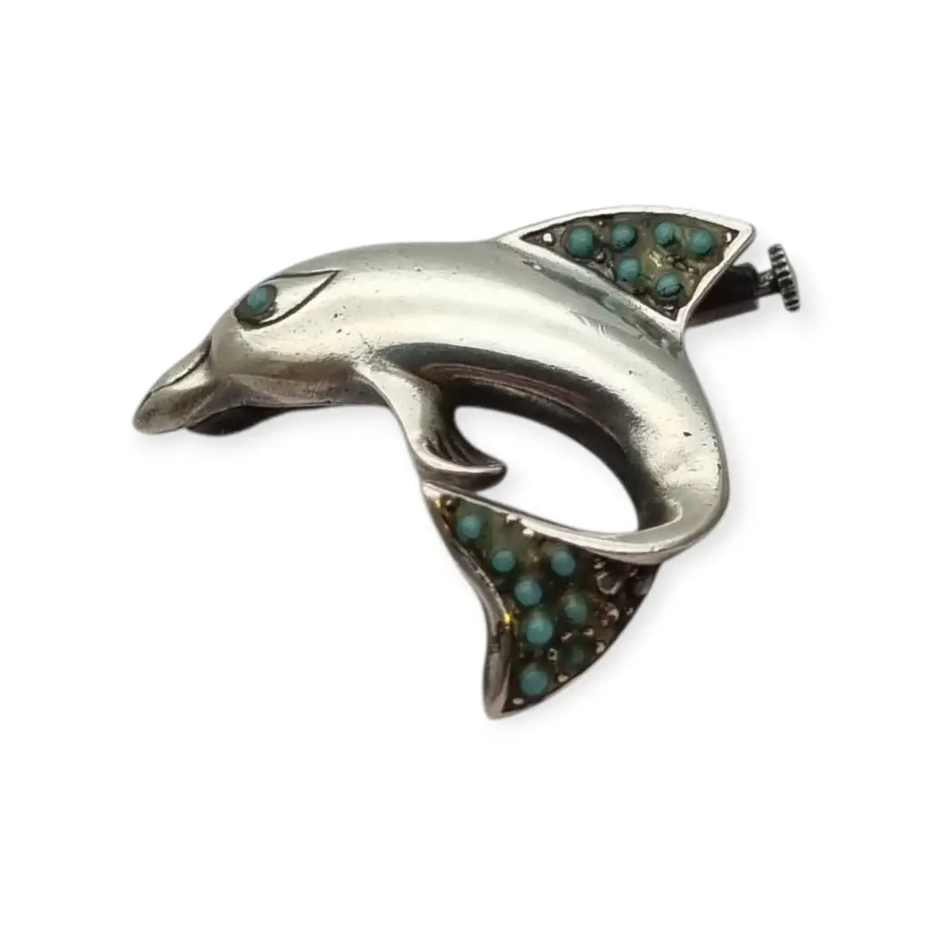 Broche de delfín plata con incrustaciones piedras azules Joyería marina