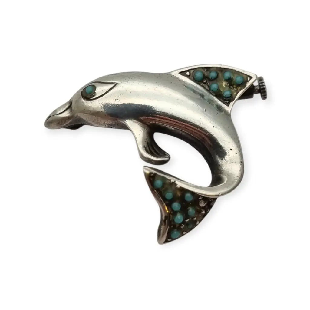 Broche de delfín plata con incrustaciones piedras azules Joyería marina