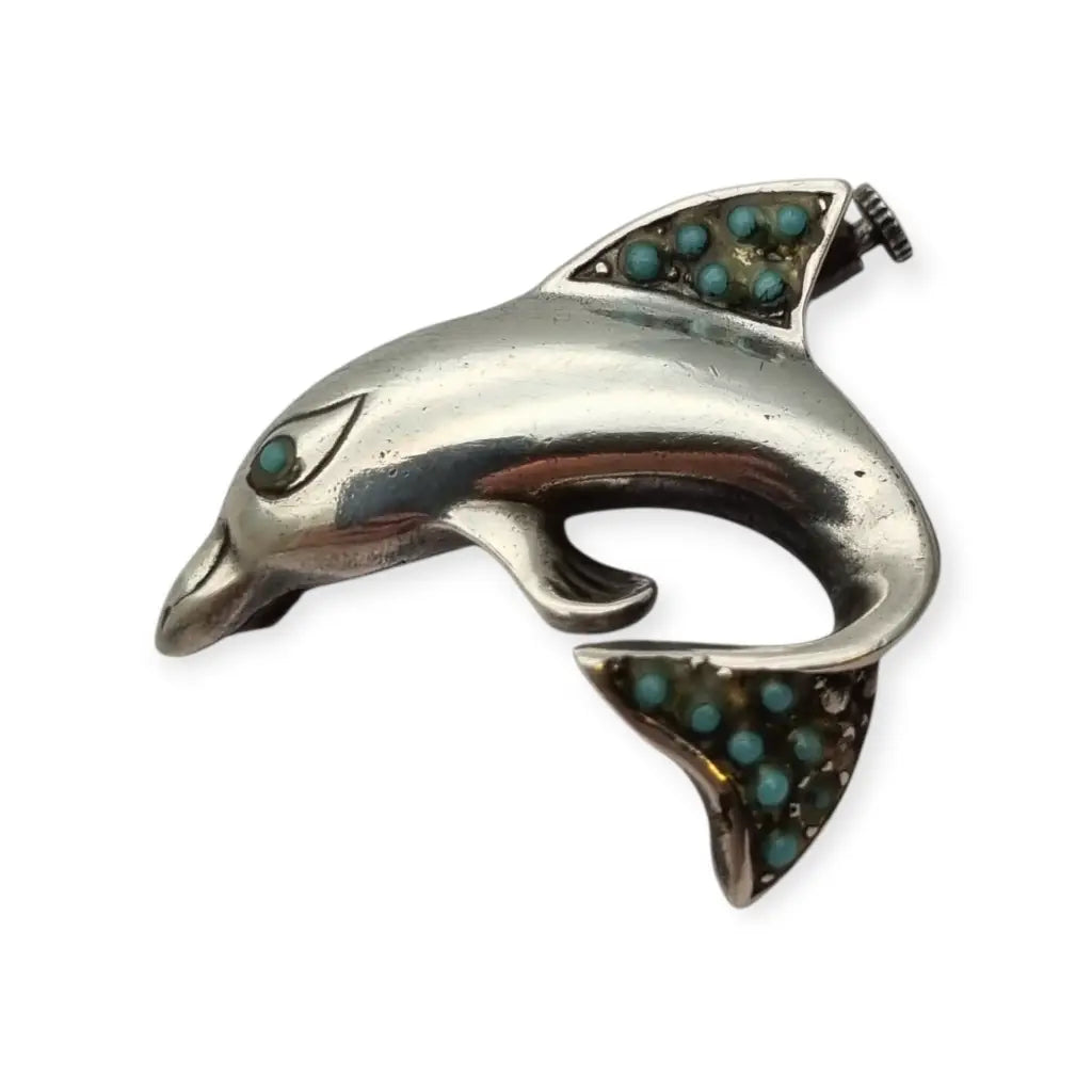 Broche de delfín plata con incrustaciones piedras azules Joyería marina