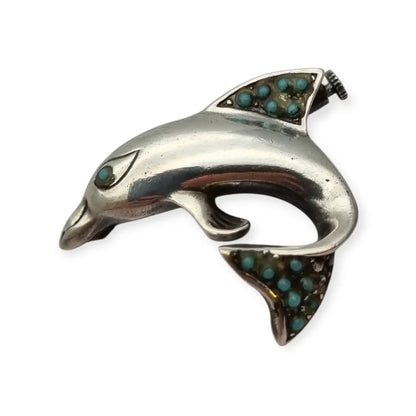 Broche de delfín plata con incrustaciones piedras azules Joyería marina