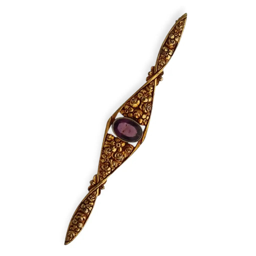 Broche floral Art Nouveau dorado con piedra púrpura 1920-30. - LaBizarreSusu