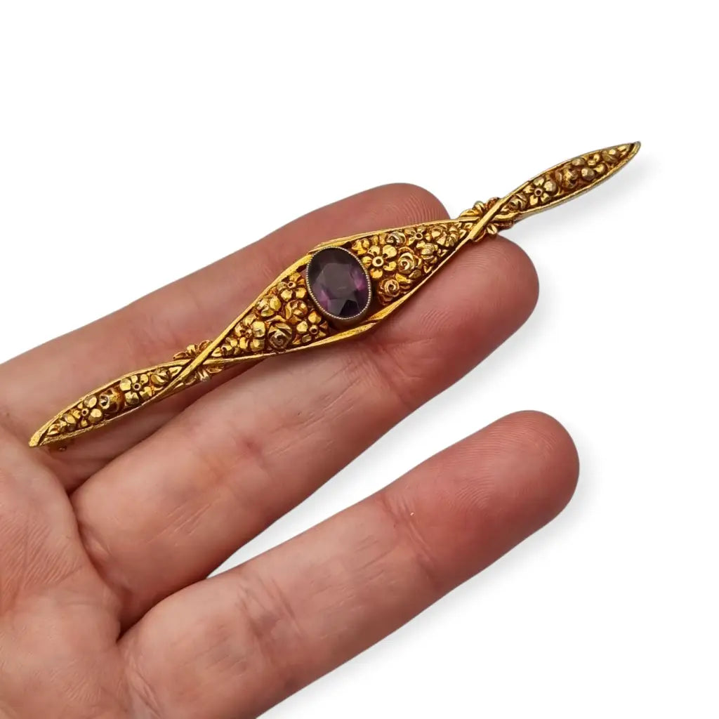 Broche floral Art Nouveau dorado con piedra púrpura 1920-30. - LaBizarreSusu