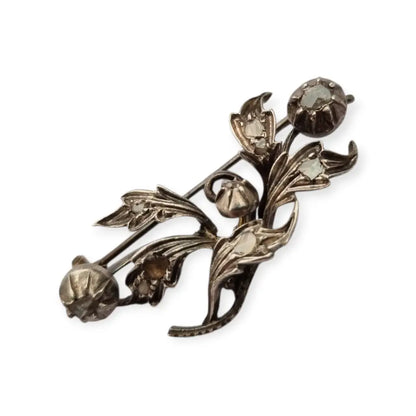 Broche floral victoriano antiguo en plata con diamantes talla antigua