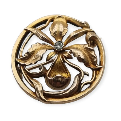 Broche francés ORIA Art Nouveau en oro relleno motivo floral con cristal