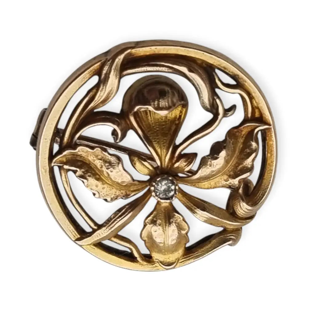 Broche francés ORIA Art Nouveau en oro relleno motivo floral con cristal