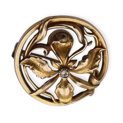 Broche francés ORIA Art Nouveau en oro relleno motivo floral con cristal