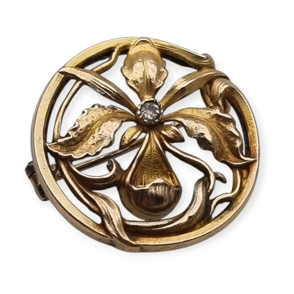 Broche francés ORIA Art Nouveau en oro relleno motivo floral con cristal