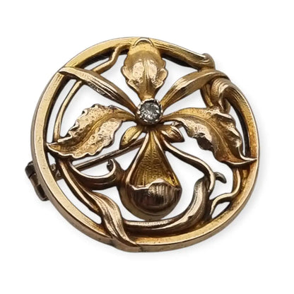 Broche francés ORIA Art Nouveau en oro relleno motivo floral con cristal