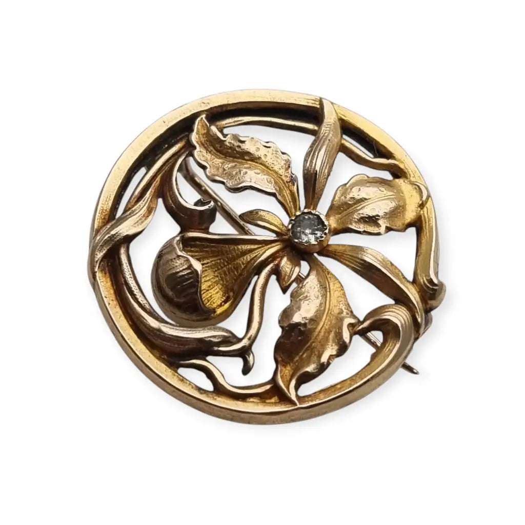 Broche francés ORIA Art Nouveau en oro relleno motivo floral con cristal