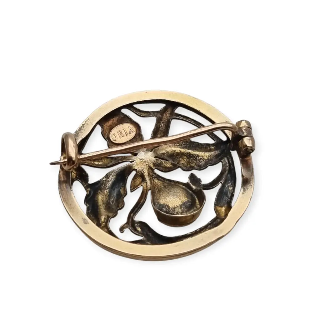 Broche francés ORIA Art Nouveau en oro relleno motivo floral con cristal