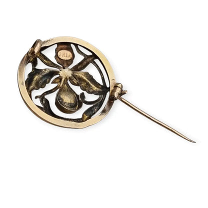 Broche francés ORIA Art Nouveau en oro relleno motivo floral con cristal
