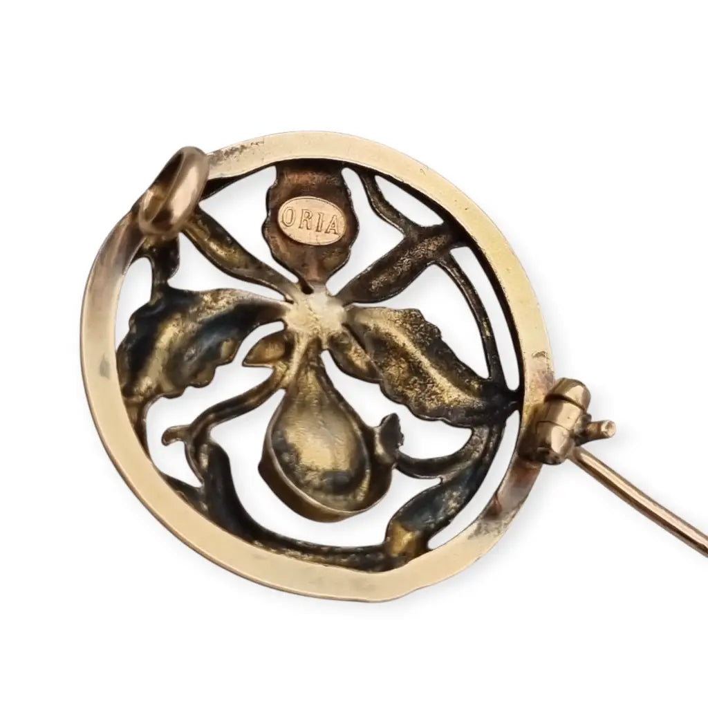 Broche francés ORIA Art Nouveau en oro relleno motivo floral con cristal