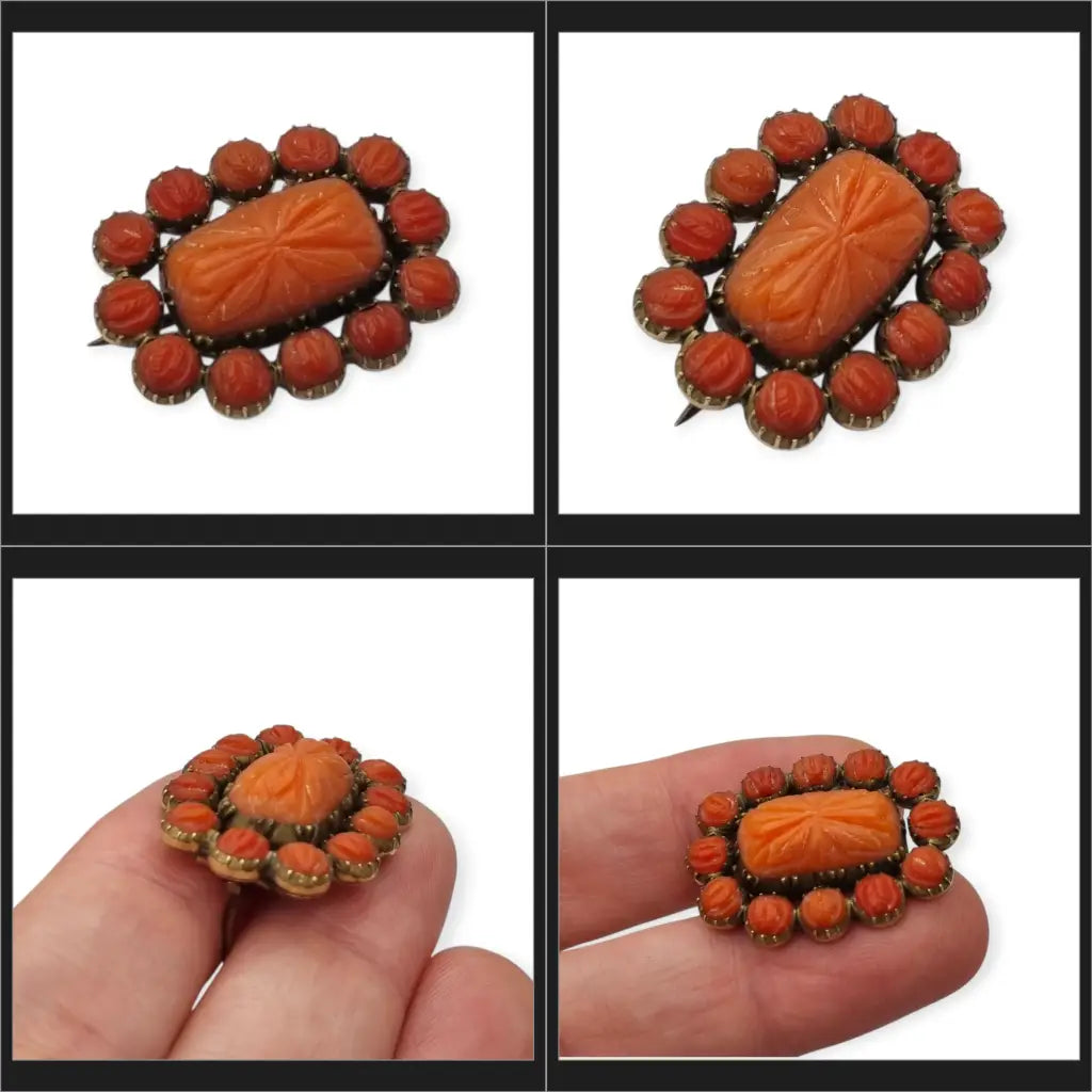 Broche georgiano de finales del siglo XIX con coral rojo tallado y pelo
