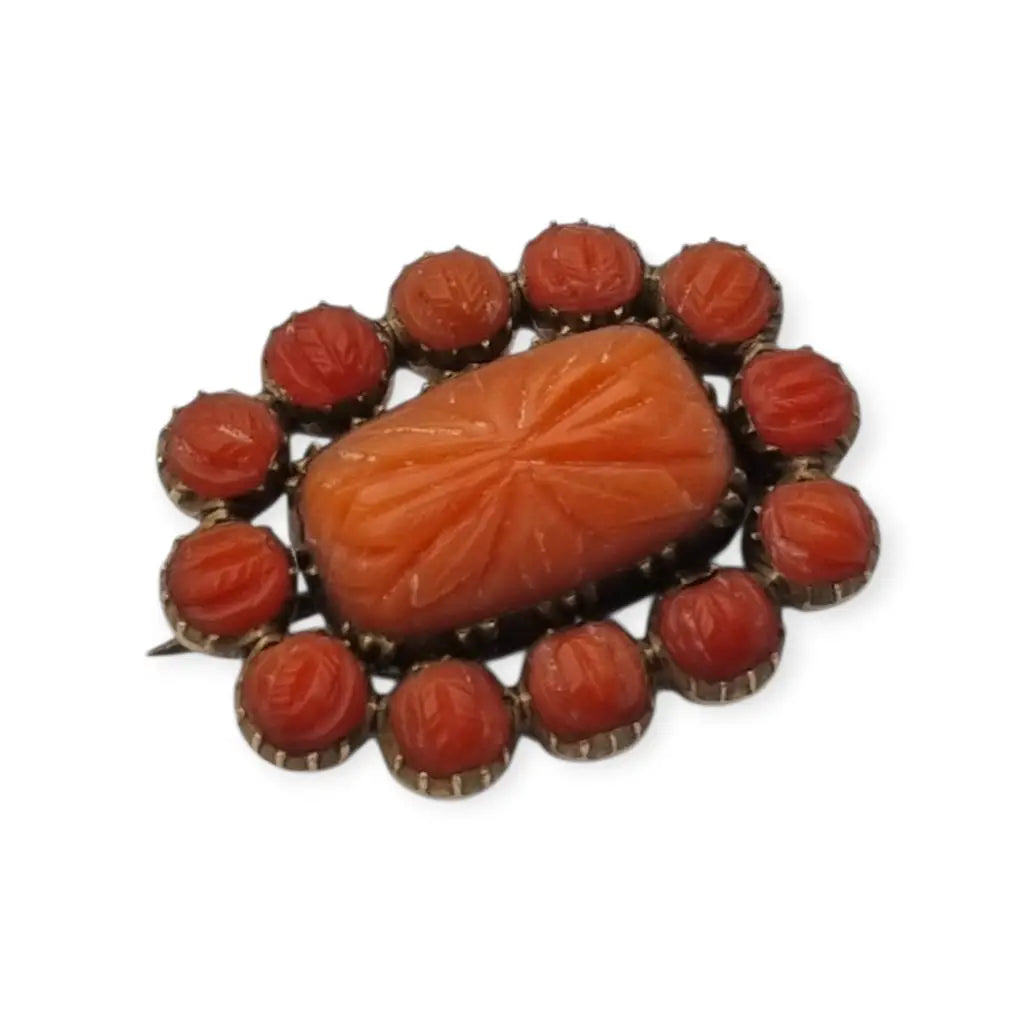 Broche georgiano de finales del siglo XIX con coral rojo tallado y pelo