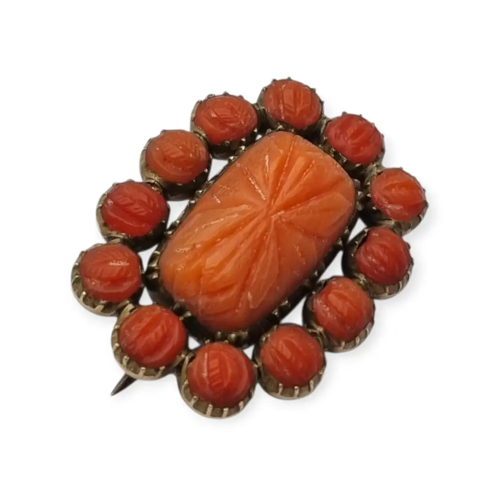 Broche georgiano de finales del siglo XIX con coral rojo tallado y pelo
