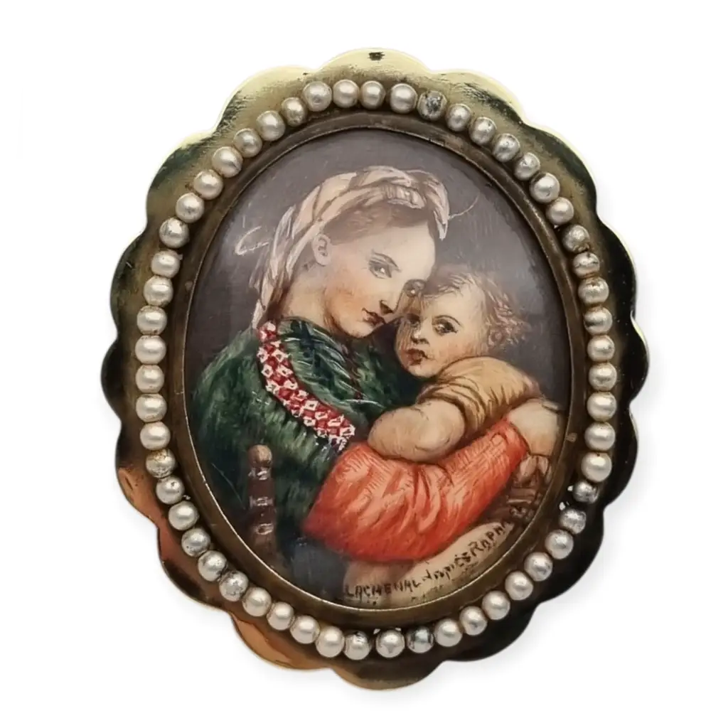 Broche ovalado de bronce y perla con una miniatura la Virgen el Niño