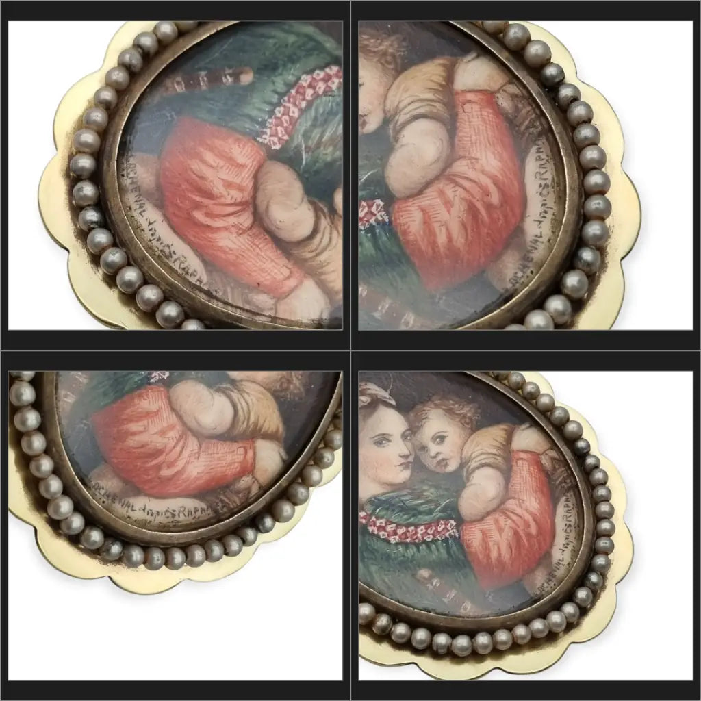 Broche ovalado de bronce y perla con una miniatura la Virgen el Niño