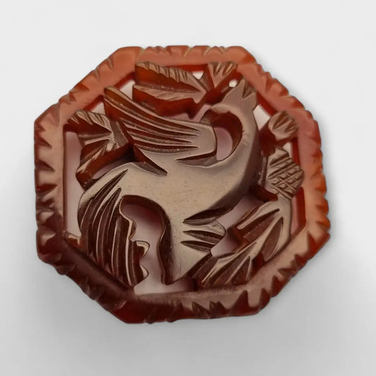 Broche de pájaro vintage marrón estilo oriental plástico tallado accesorio