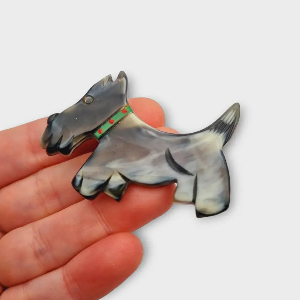 Broche de perro escocés broche terrier vintage con collar verde bisutería