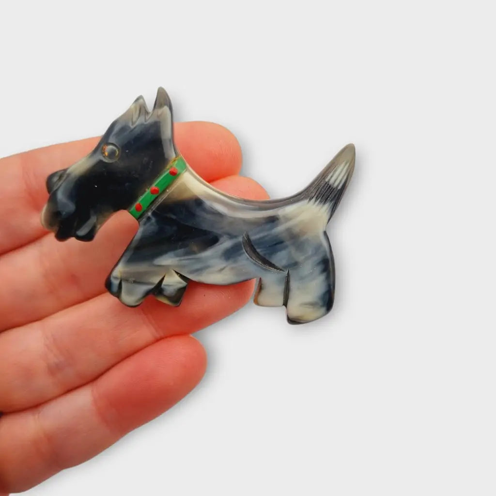 Broche de perro escocés broche terrier vintage con collar verde bisutería