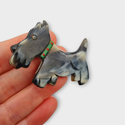 Broche de perro escocés broche terrier vintage con collar verde bisutería