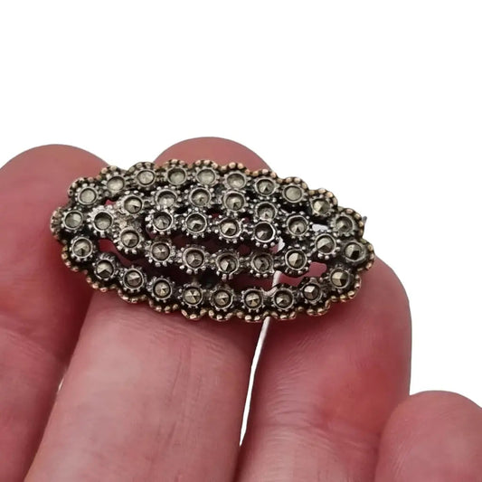 Broche de plata art deco alfiler Vintage granate con marcasitas. Regalo