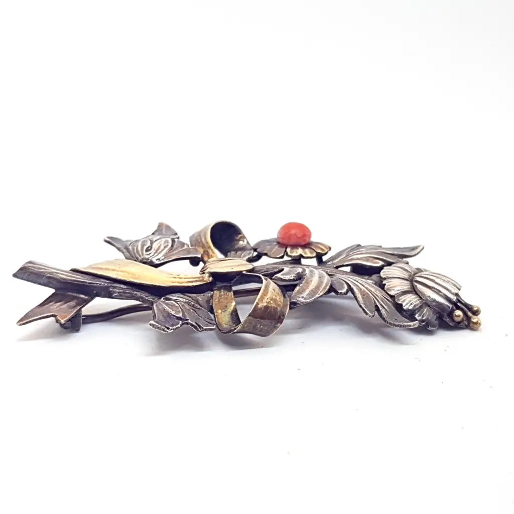 Broche ramo de flores coral pin plata y oro joyeria clasica para regalo vintage