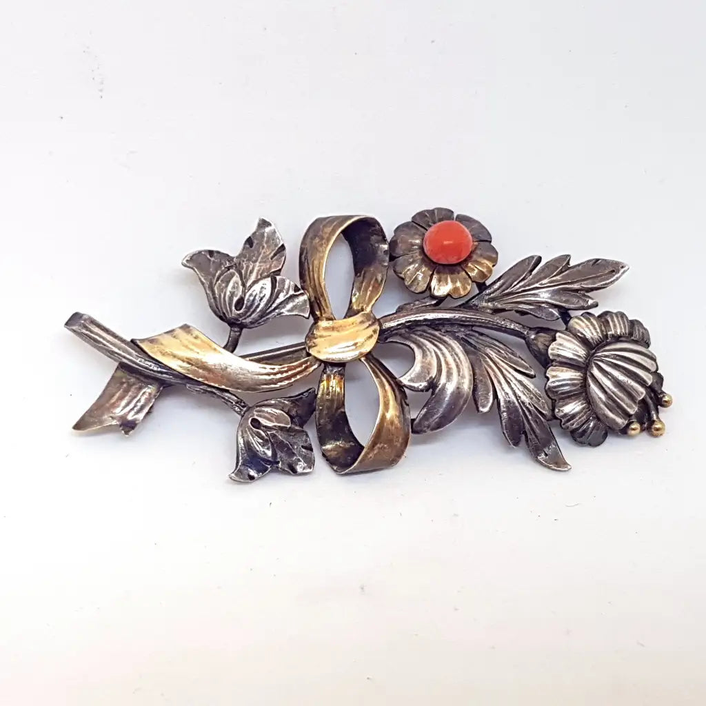 Broche ramo de flores coral pin plata y oro joyeria clasica para regalo vintage