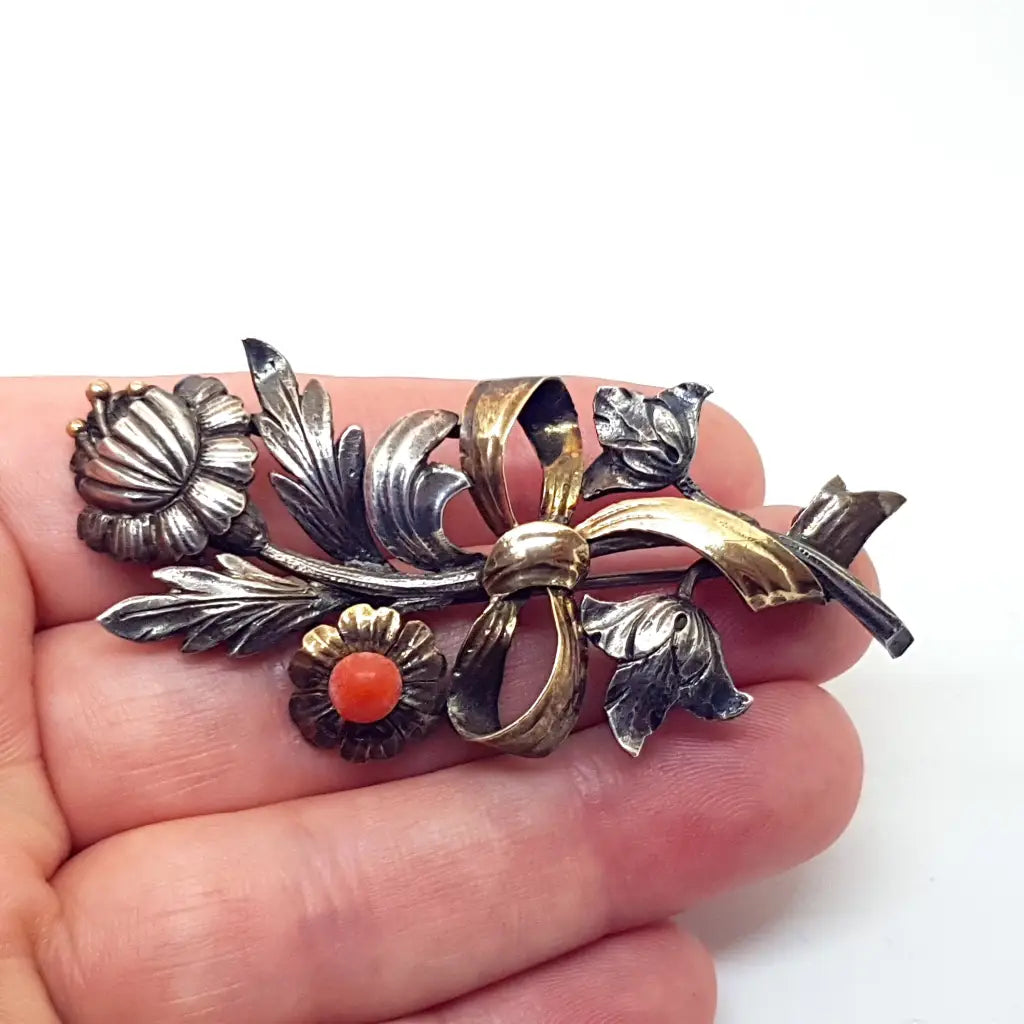 Broche ramo de flores coral pin plata y oro joyeria clasica para regalo vintage