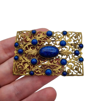 Broche rectangular modernista dorado y azul de los años 40 para mujer Bisutería