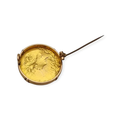 Broche redondo dorado art nouveau con perfil femenino y perlas joyas antiguas