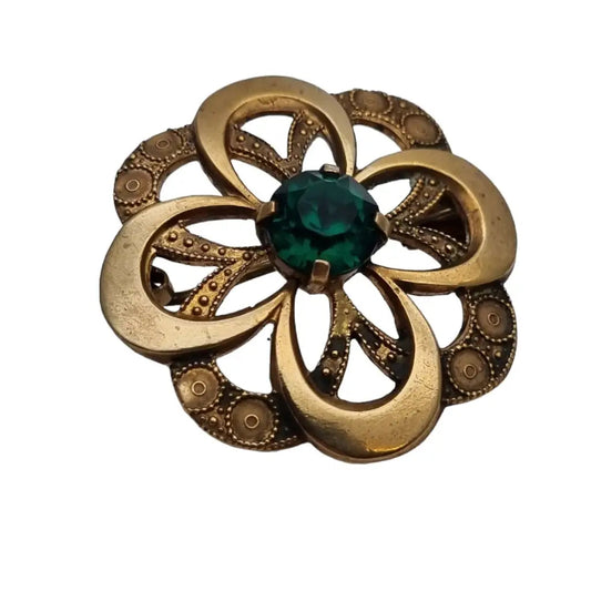 Broche redondo vintage dorado con piedra verde para mujer botón dorado.
