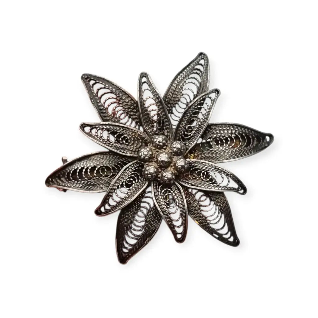 Broche romántico antiguo de flor en filigrana plata 800 para mujer años 50