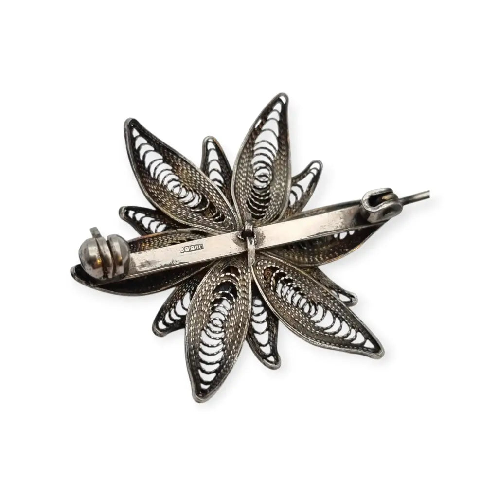 Broche romántico antiguo de flor en filigrana plata 800 para mujer años 50