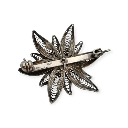 Broche romántico antiguo de flor en filigrana plata 800 para mujer años 50