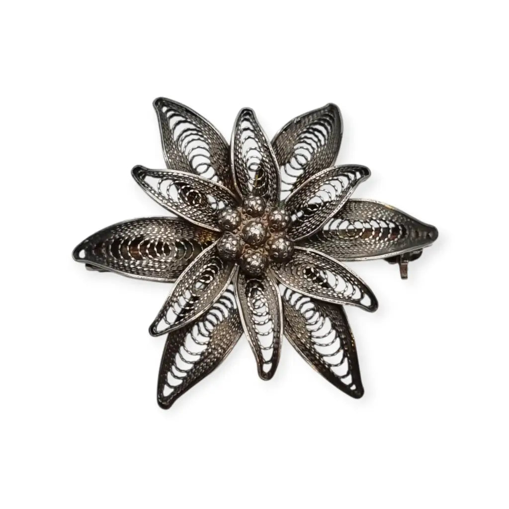 Broche romántico antiguo de flor en filigrana plata 800 para mujer años 50