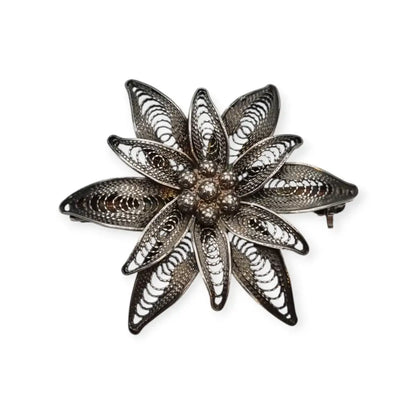 Broche romántico antiguo de flor en filigrana plata 800 para mujer años 50