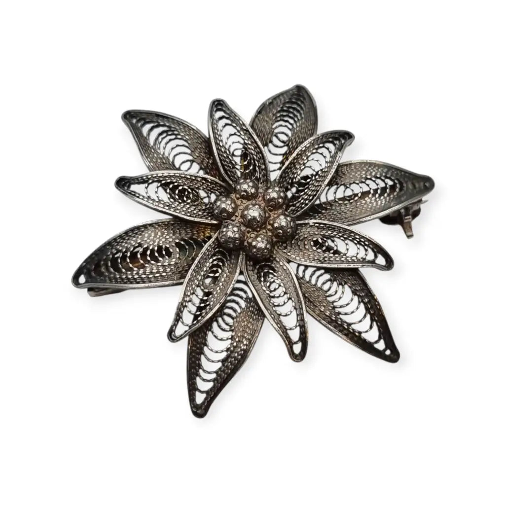Broche romántico antiguo de flor en filigrana plata 800 para mujer años 50