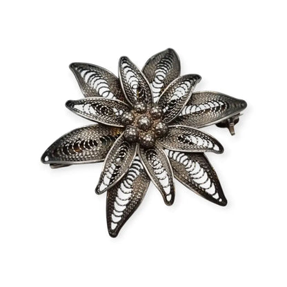 Broche romántico antiguo de flor en filigrana plata 800 para mujer años 50